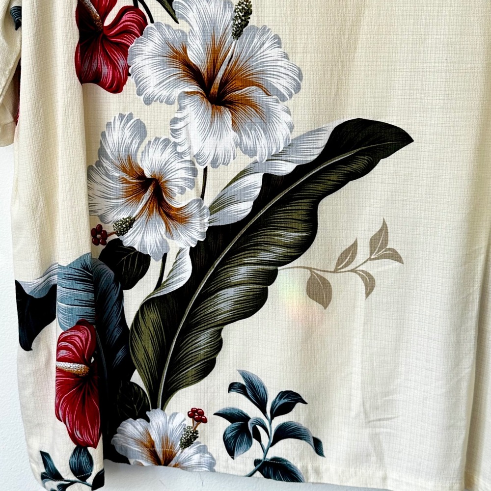 Iolani Mens XL Hawaiian Shirt Cream Floral Hibiscus Graphic Camp Aloha Top - Picture 9 of 11